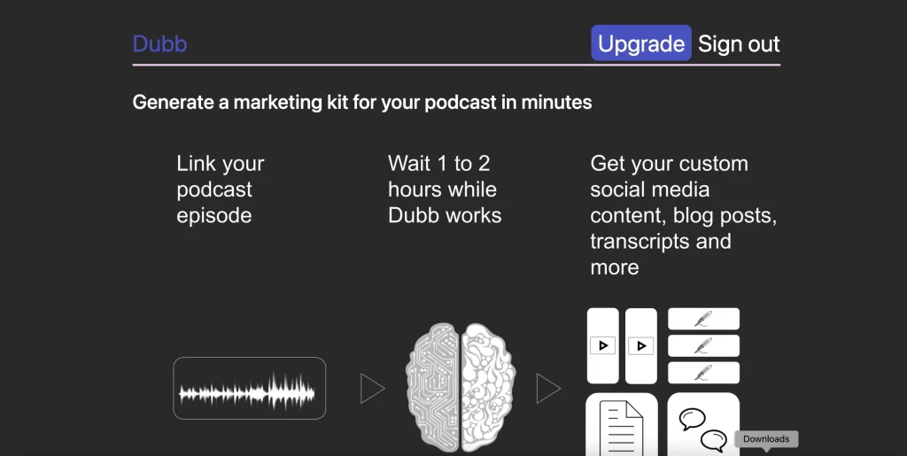 A screenshot of Dubb.media, which offers a full-blown AI-driven marketing kit. I experimented with Dubb.media for my article, "How artificial intelligence tools will drive podcasting in 2023." 