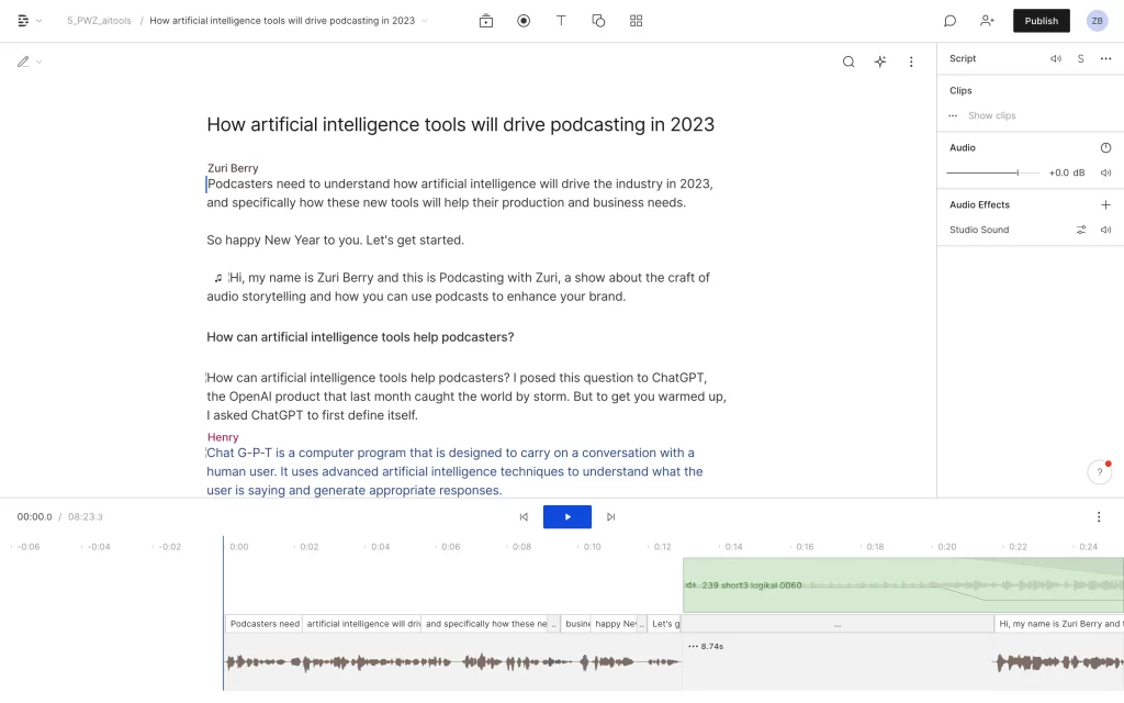 A screenshot of the Descript project for this episode of Podcasting with Zuri, "How artificial intelligence tools will drive podcasting in 2023."